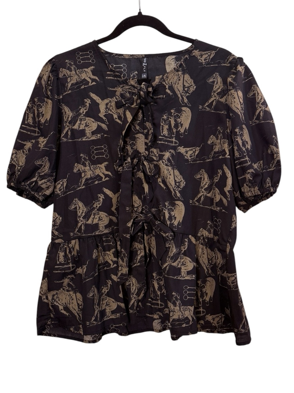 Black & Tan Western Prairie Rodeo Print Ruffle Tie-Front Peplum Blouse Sz LG